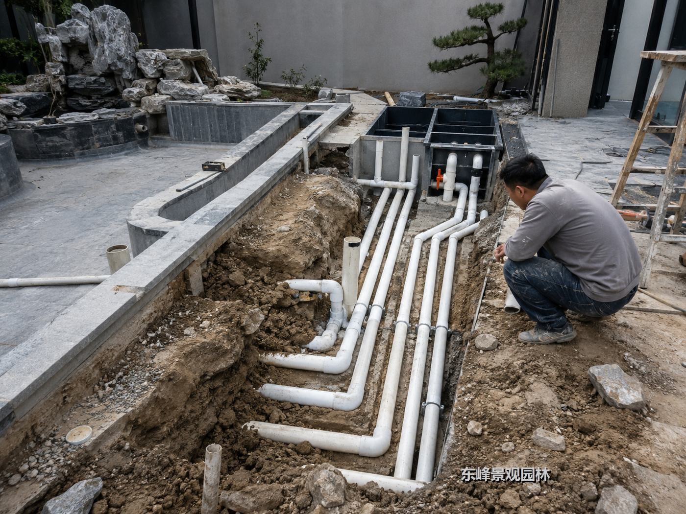 图3 管路施工时虽然不起眼,但这些埋在下面的“水路”往往决定鱼池后期是不是省心。