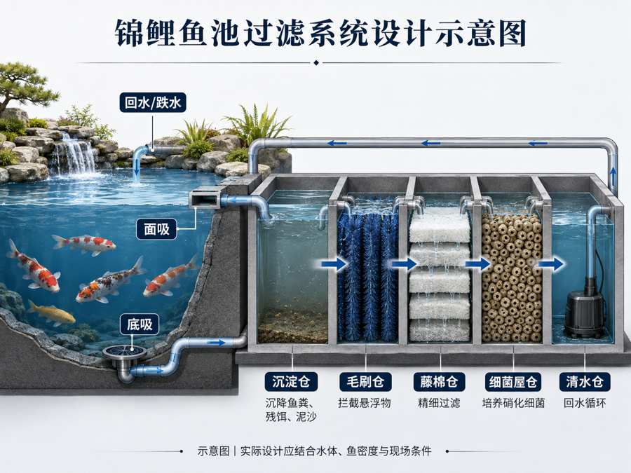 锦鲤鱼池过滤系统怎么设计？沉淀、毛刷、藤棉和细菌屋分别做什么？