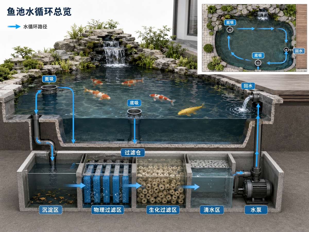 鱼池底吸、面吸和回水怎么布置？一篇讲清鱼池水循环路径