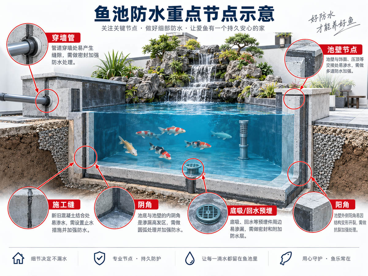 鱼池防水真正容易漏在哪里？穿墙管、施工缝、阴阳角和池壁节点重点分析