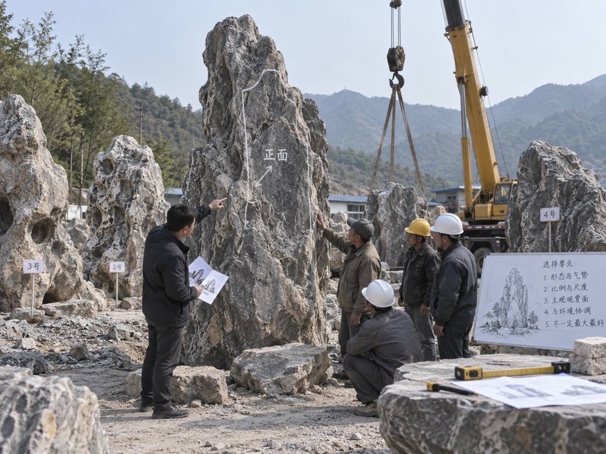 大型假山石材进场以后怎么分类？主峰石、骨架石、跌水石为什么不能混着用